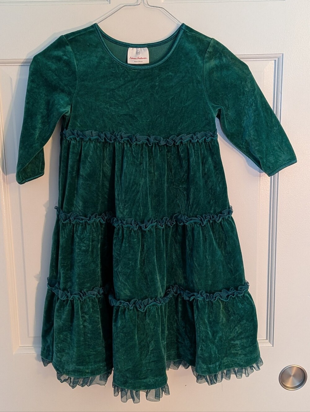 Hanna Andersson Green Velvet Tiered Dress with Tulle Trim, size 5 (110 cm)